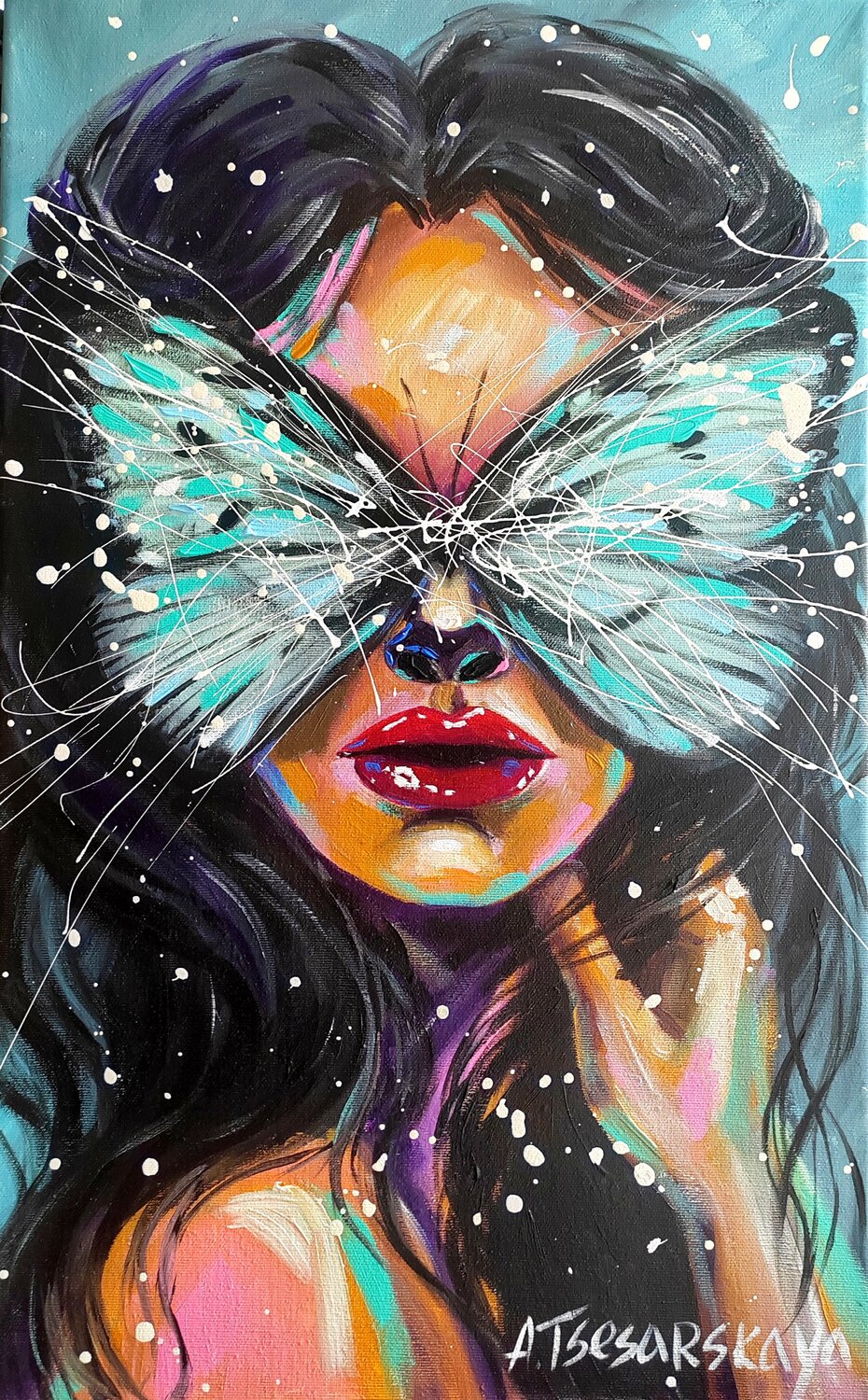 Women with butterfly - colorful portrait Aliaksandra Tsesarskaya Original painting for sale