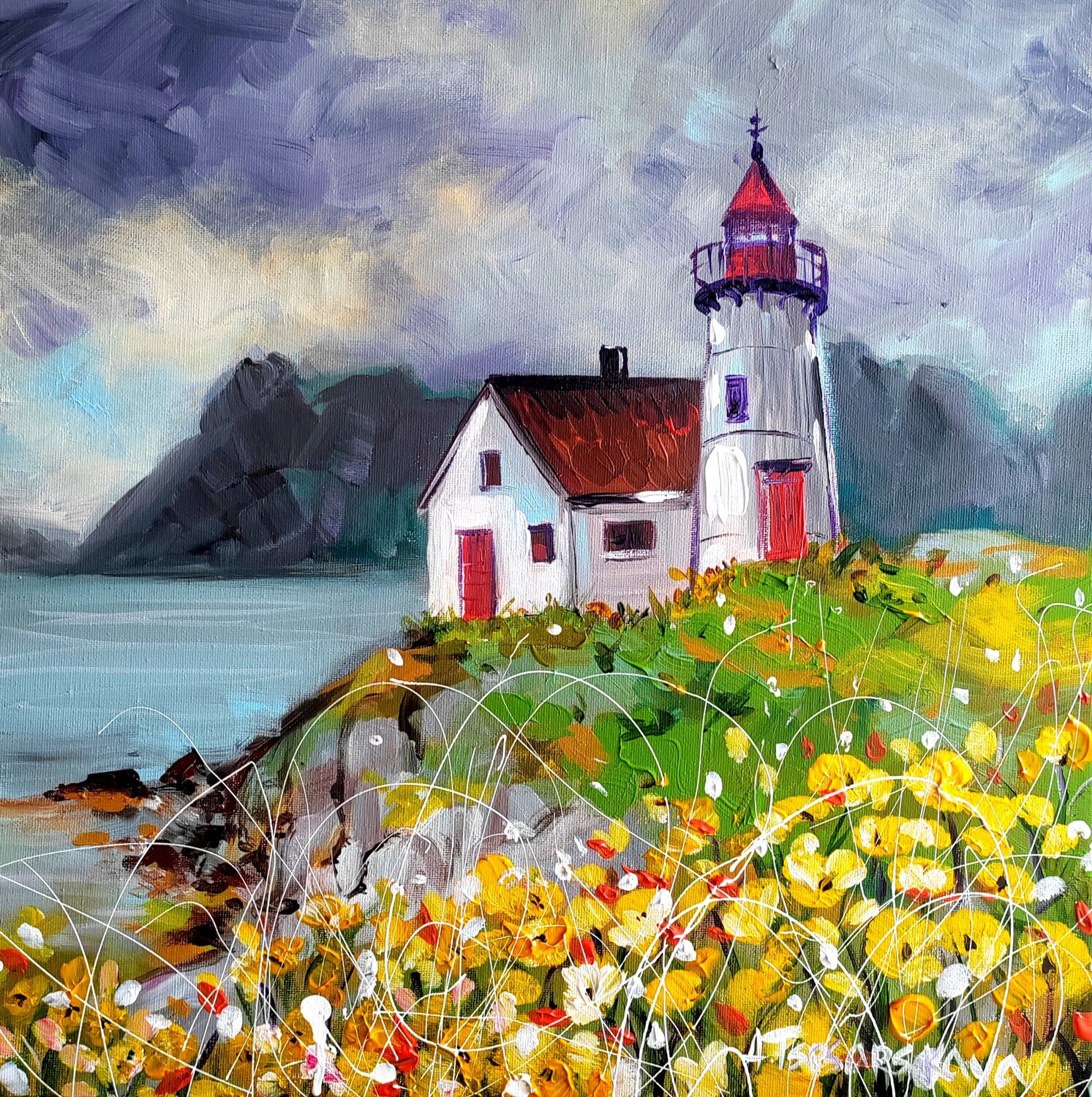 Landscape with lighthouse Aliaksandra Tsesarskaya Original painting for sale