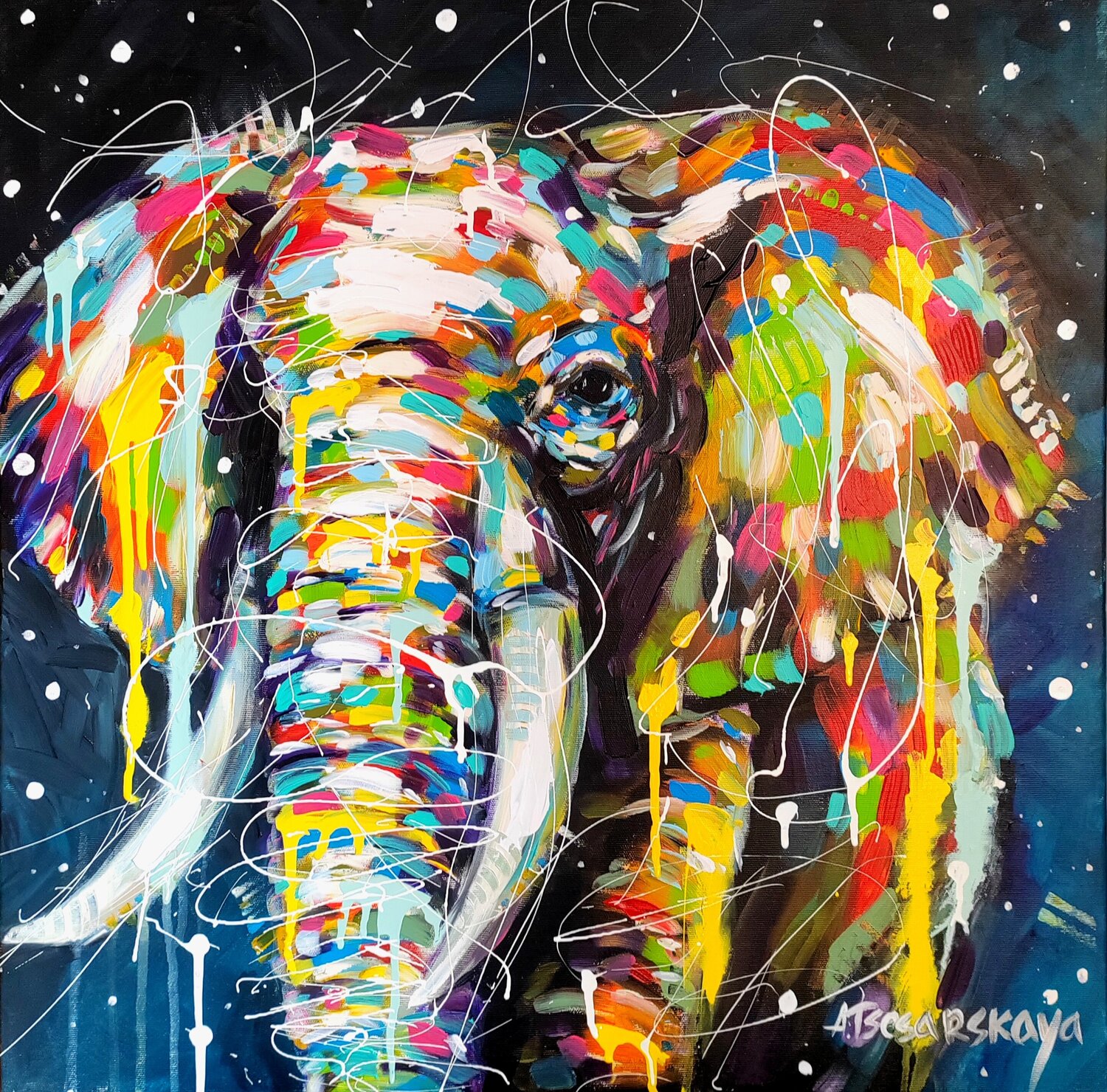 Colorful portrait of elephant - wild animal Aliaksandra Tsesarskaya Original painting for sale