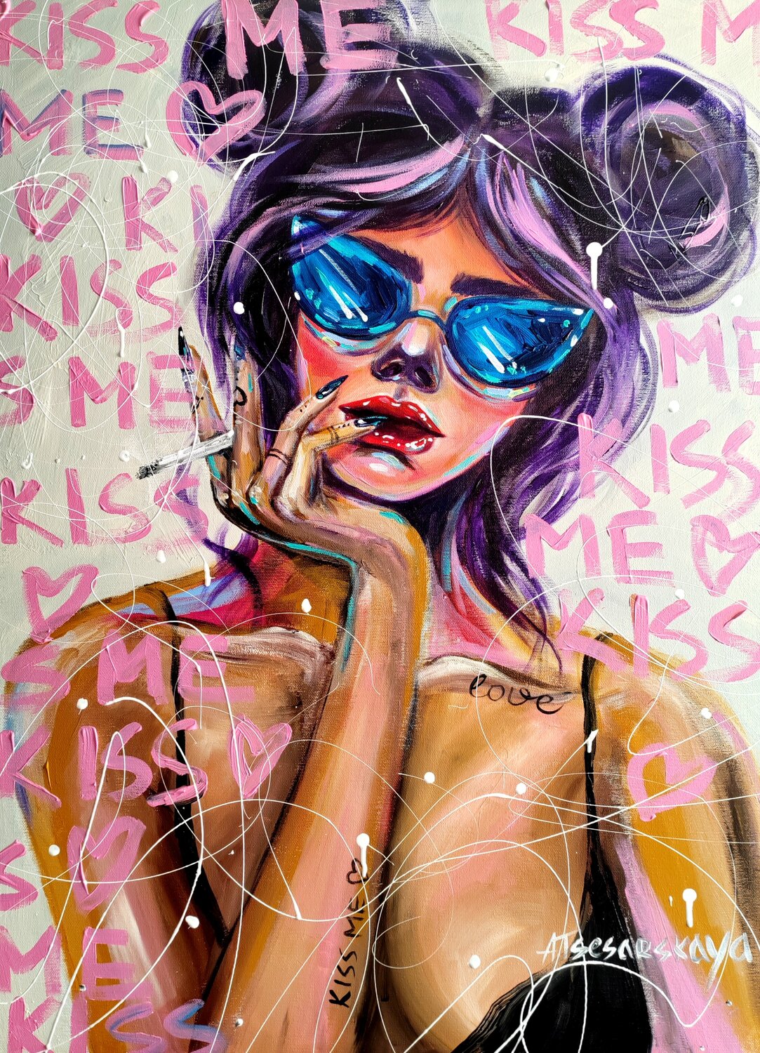 Kiss me - colorful portrait woman Aliaksandra Tsesarskaya Original painting for sale