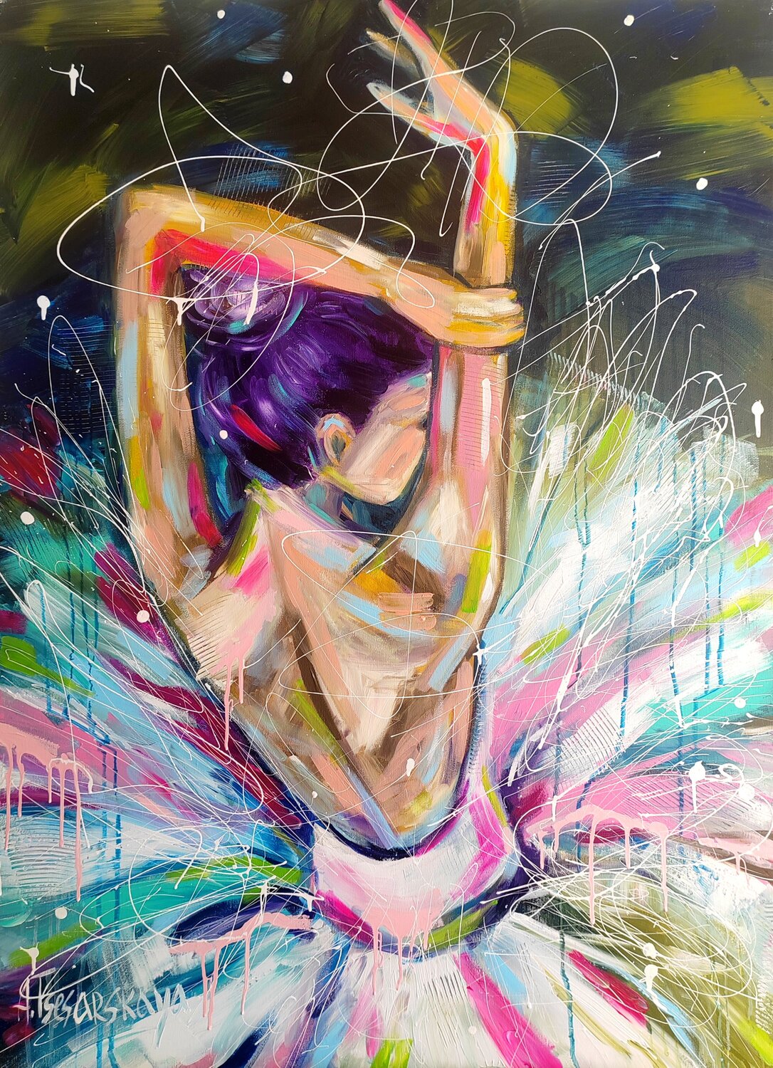 Ballerina - colorful portrait woman Aliaksandra Tsesarskaya Original painting for sale