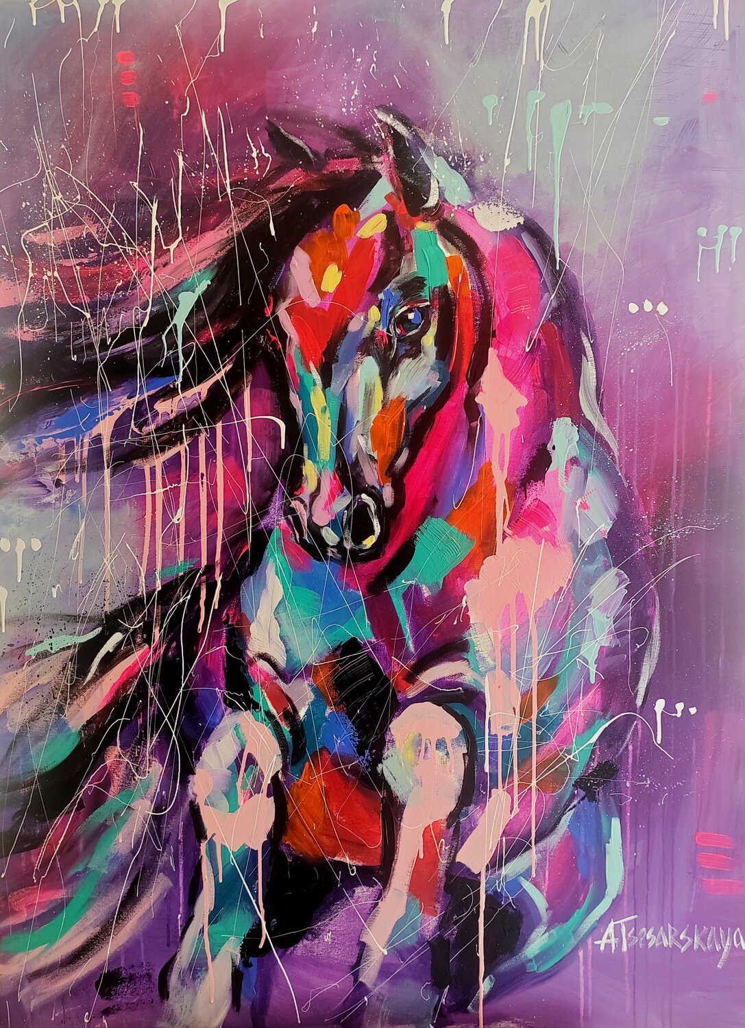 Free spirit - colorful portrait horse Aliaksandra Tsesarskaya Original painting for sale