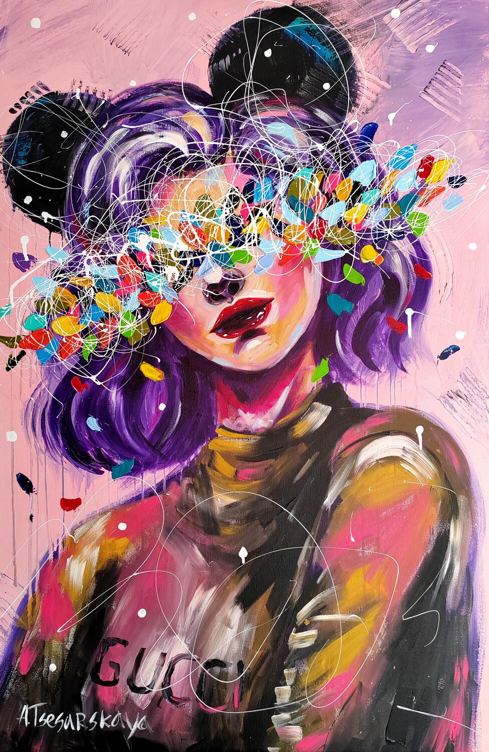 Girl with Gucci - colorful portrait woman Aliaksandra Tsesarskaya Original painting for sale