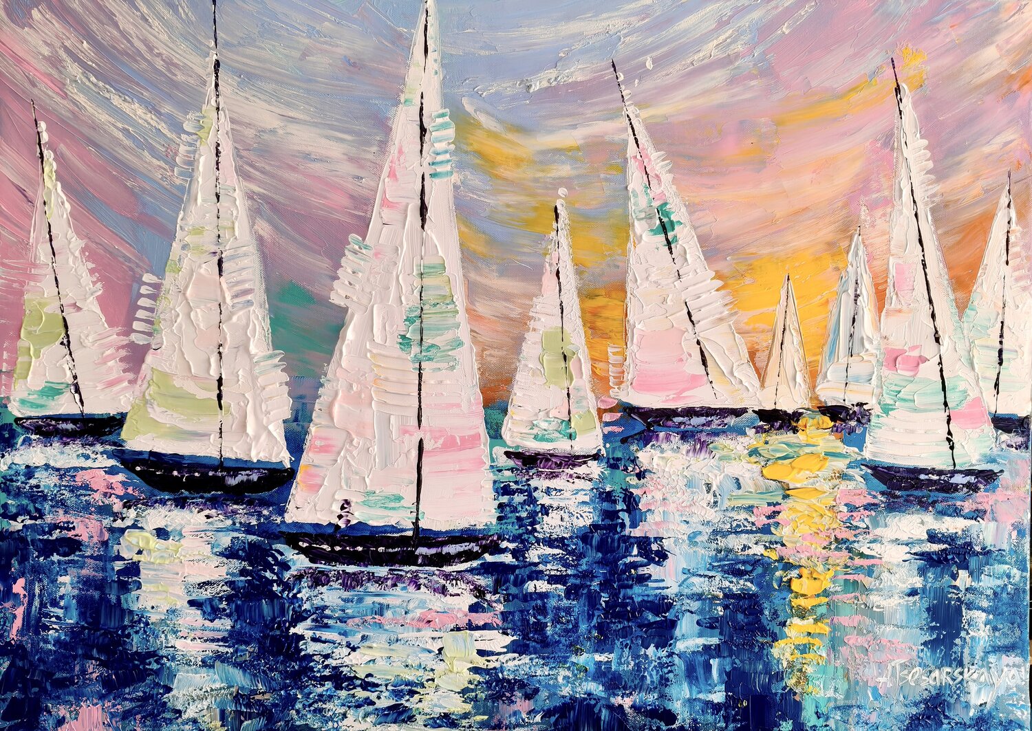 White sailboats - seascape Aliaksandra Tsesarskaya Original painting for sale