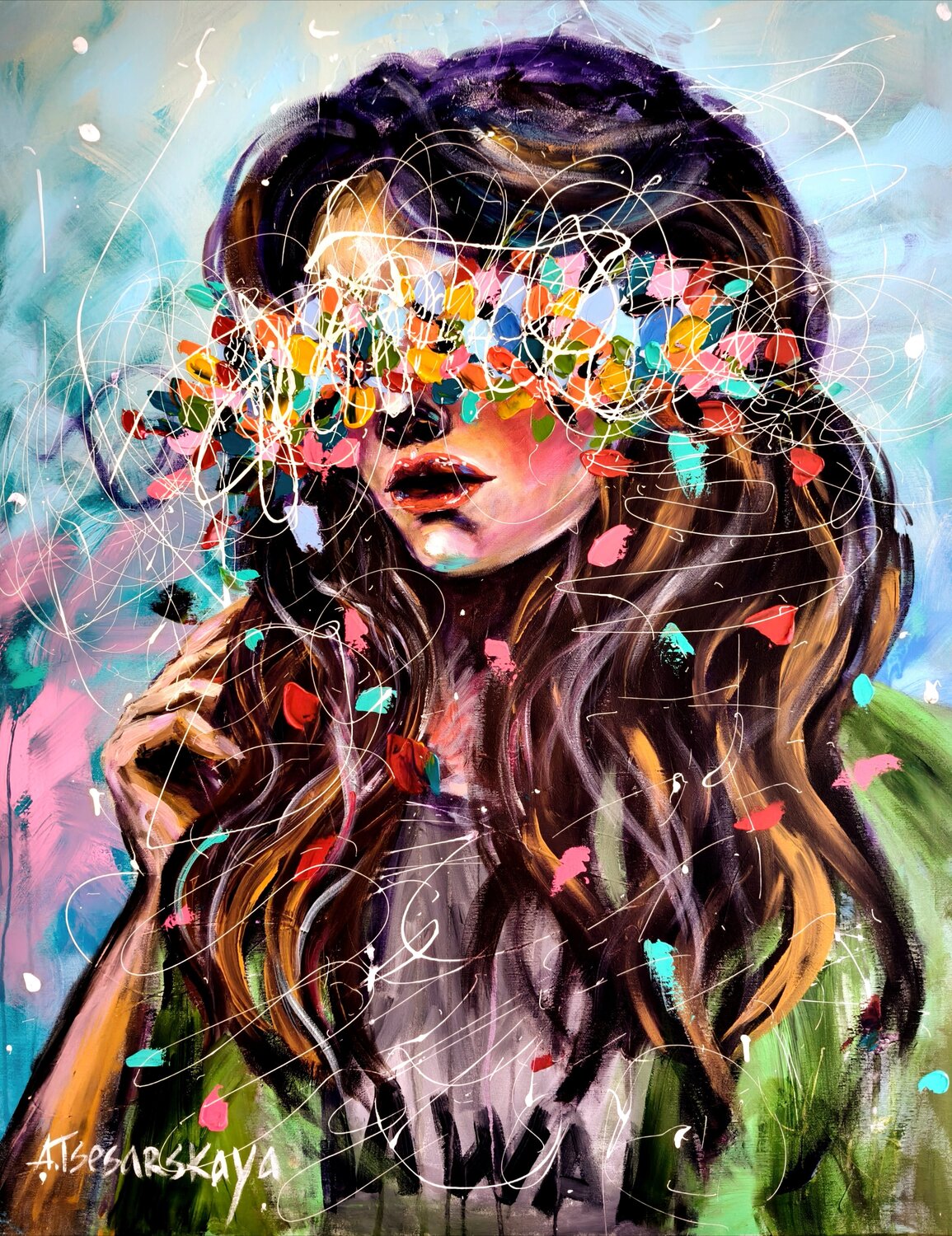 Girl with Green jaket - Colorful portrait Aliaksandra Tsesarskaya Original painting for sale