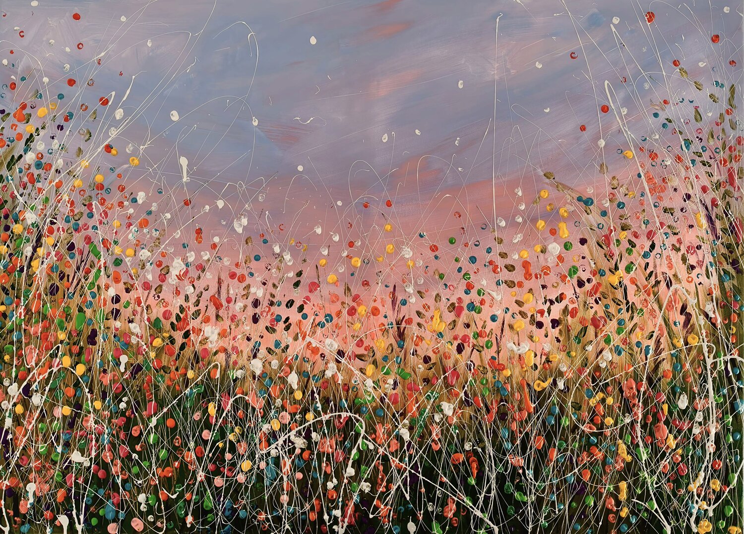 Sunset with Wild flowers field Aliaksandra Tsesarskaya Original painting for sale