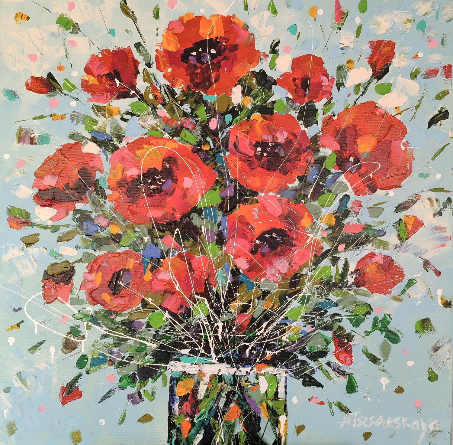Poppies in vase - textured red flowers Aliaksandra Tsesarskaya Original painting for sale