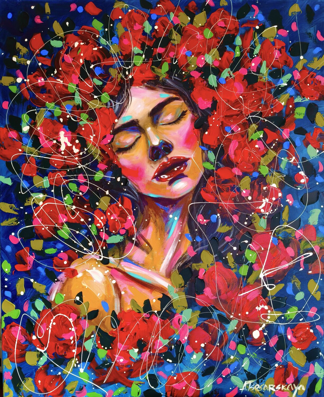 Girl with red flowers - Colorful portrait woman Aliaksandra Tsesarskaya Original painting for sale