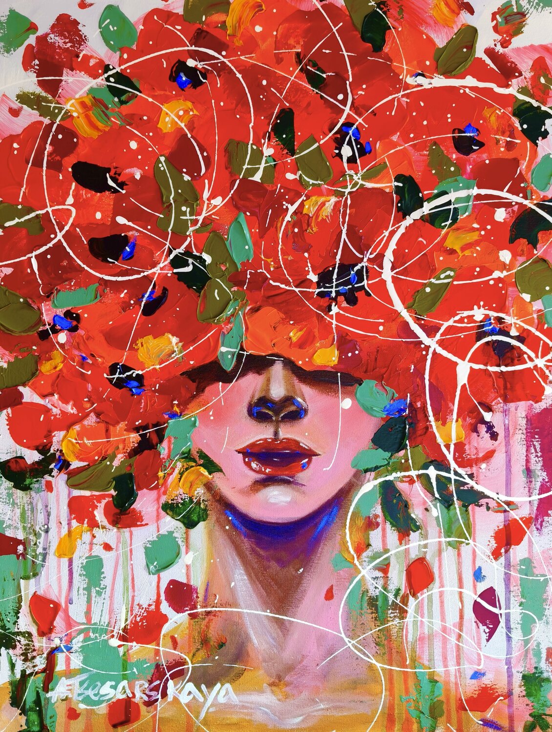 Girl with popies -colorful portrait woman Aliaksandra Tsesarskaya Original painting for sale