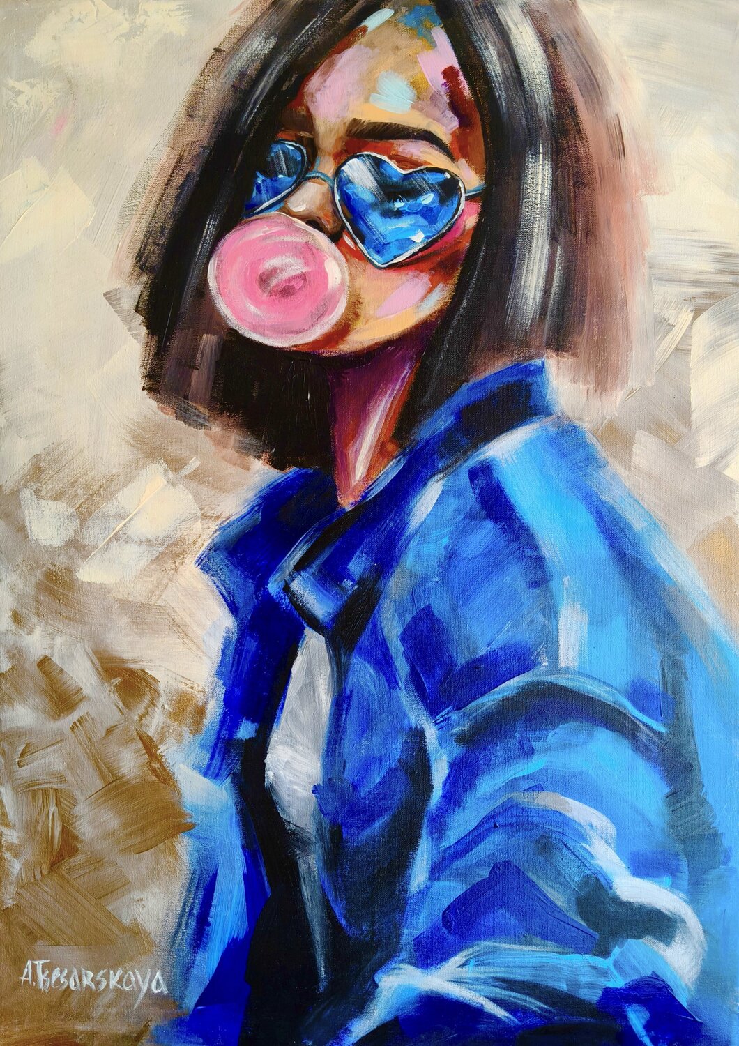 Young Girls - Colorful portrait woman Aliaksandra Tsesarskaya Original painting for sale