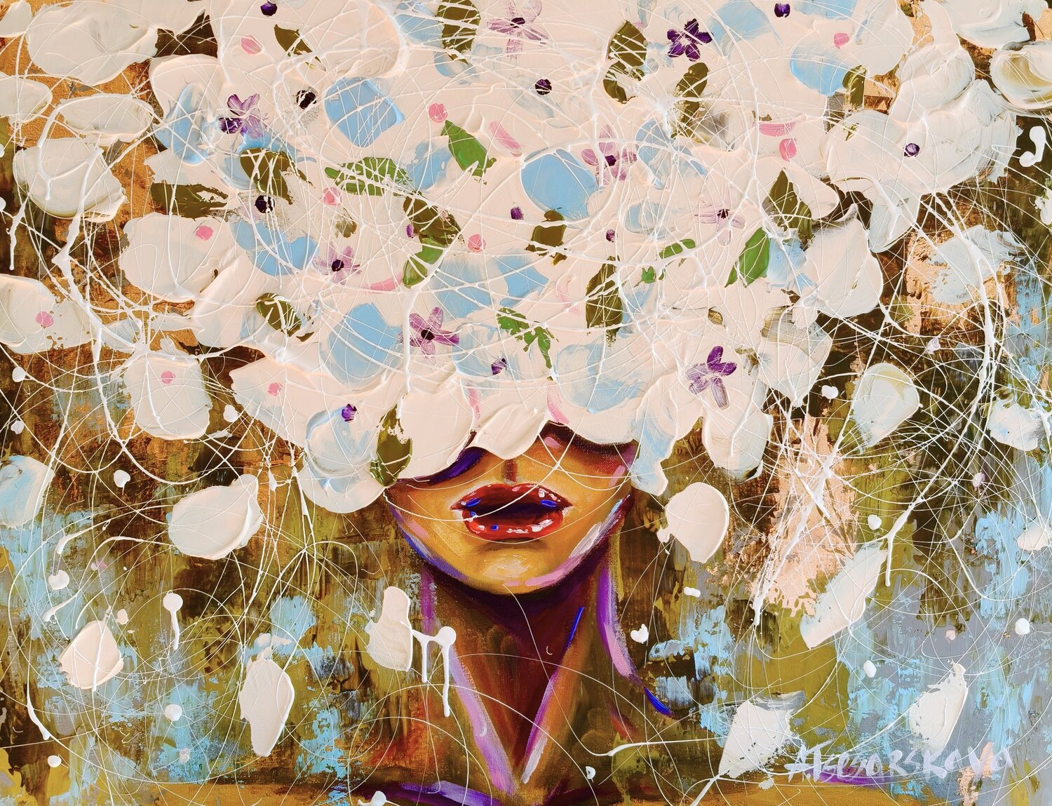 Girl with White flowers - Colorful portrait woman Aliaksandra Tsesarskaya Original painting for sale
