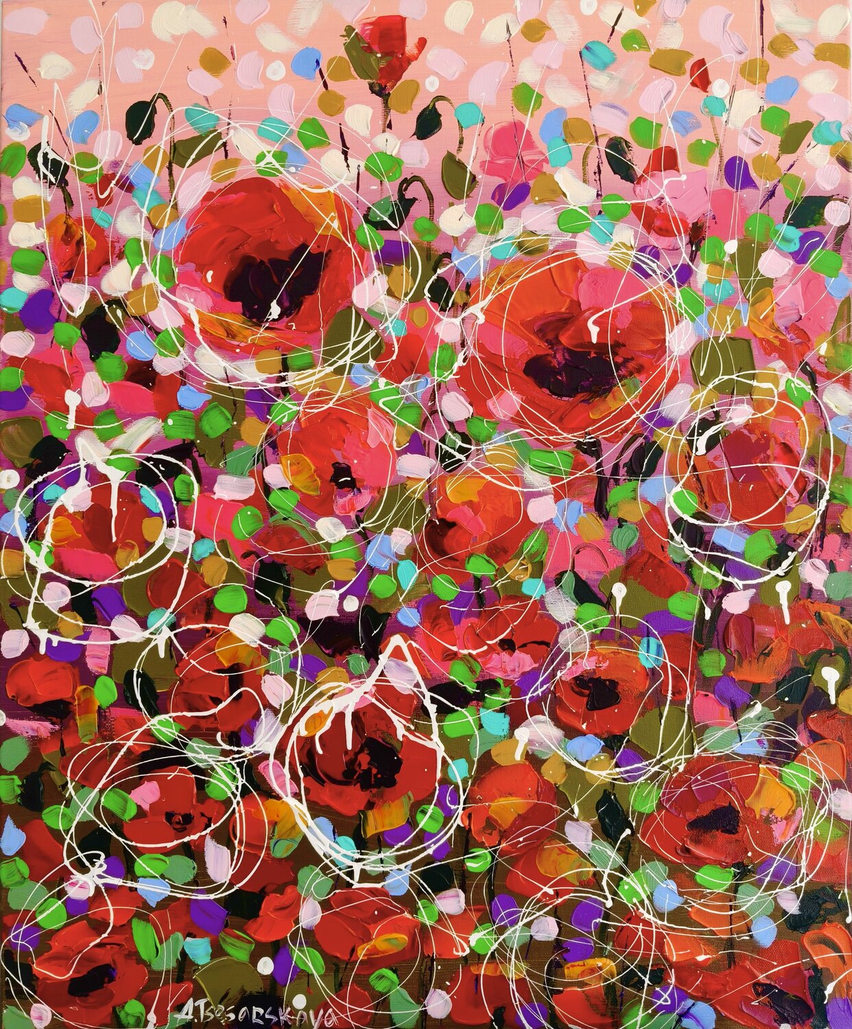 Flowers field, red flowers Aliaksandra Tsesarskaya Original painting for sale
