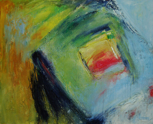 Abstraction 2008 N°2 tourbillon carré bleu jaune rouge by Michèle Loussouarn, Painting for Sale on Select