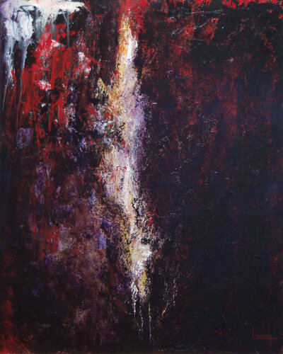 Abstraction 2009 D dynamique blanche sur fond noir et rouge by Michèle Loussouarn, Painting for Sale on Select
