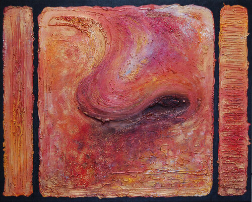 Abstraction 2009 E triptyque orange rouge sur fond noir by Michèle Loussouarn, Painting for Sale on Select