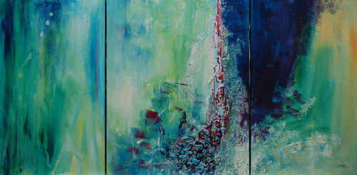 Abstrait 2007 E fond vert turquoise by Michèle Loussouarn, Painting for Sale on Select