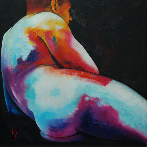 Nu-Homme C sur un coude de dos Turquoise Rouge Noir by Michèle Loussouarn, Painting for Sale on Select