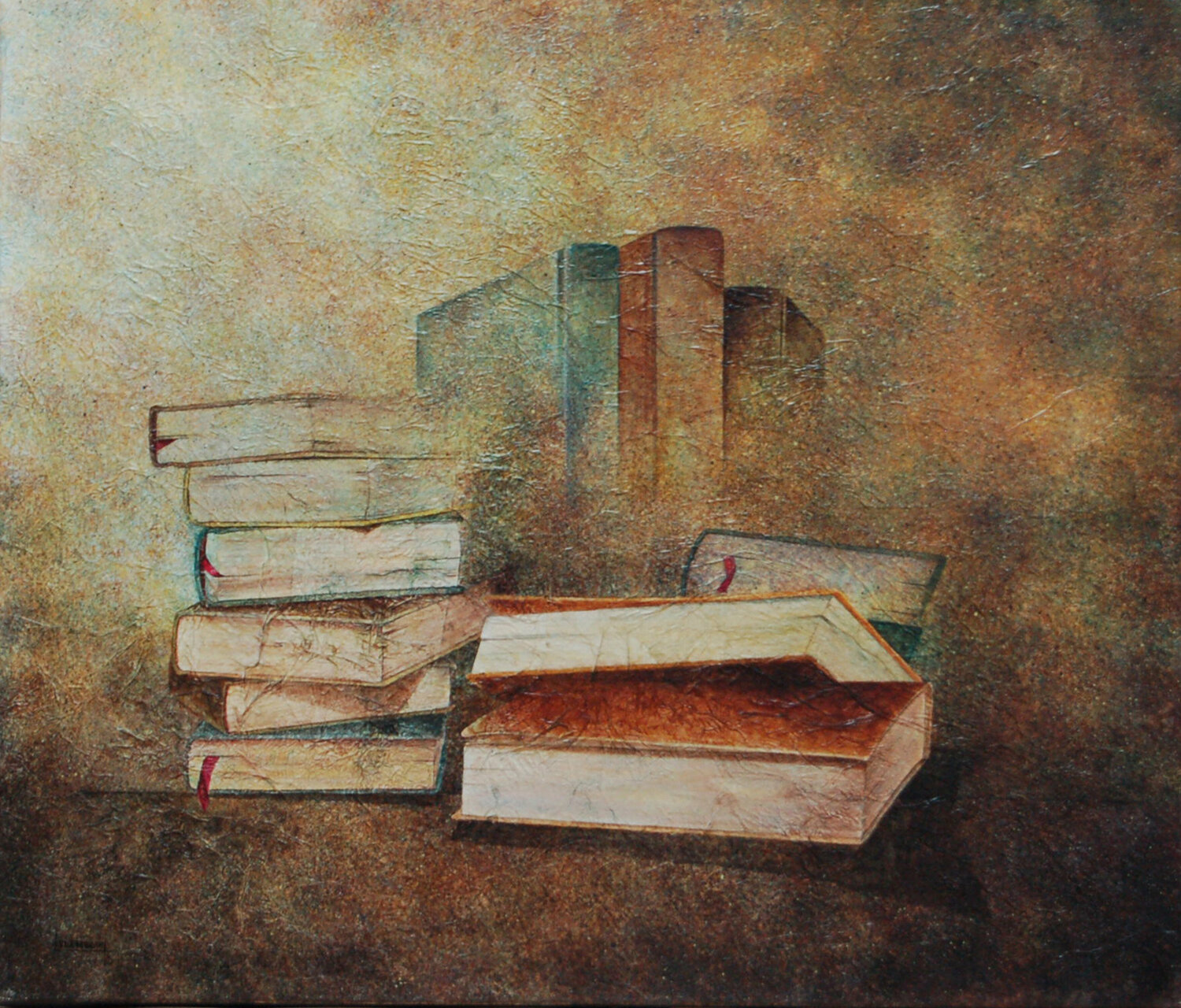 Les livres empilés Michèle Loussouarn Original painting for sale
