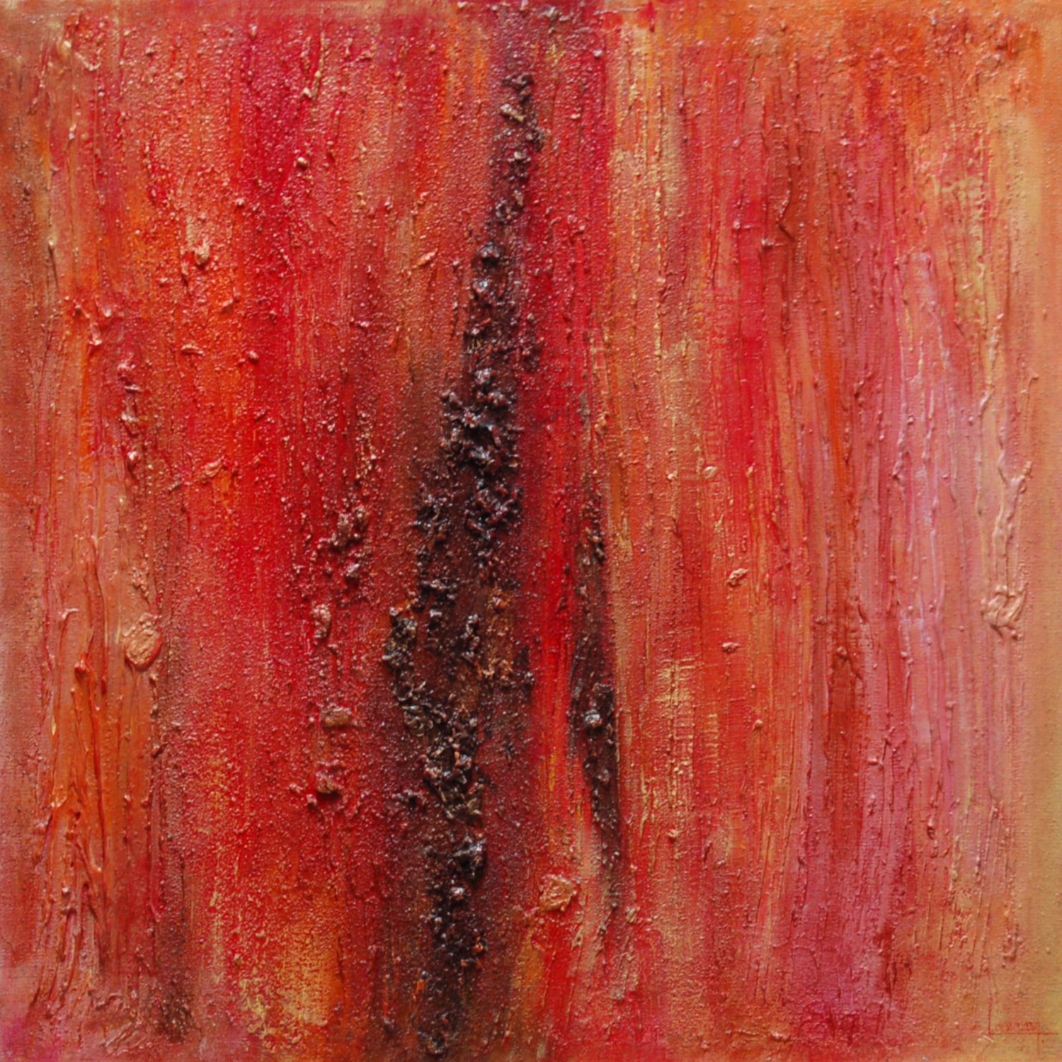 Abstraction 2009 G traversée noire sur rouge Michèle Loussouarn Original painting for sale