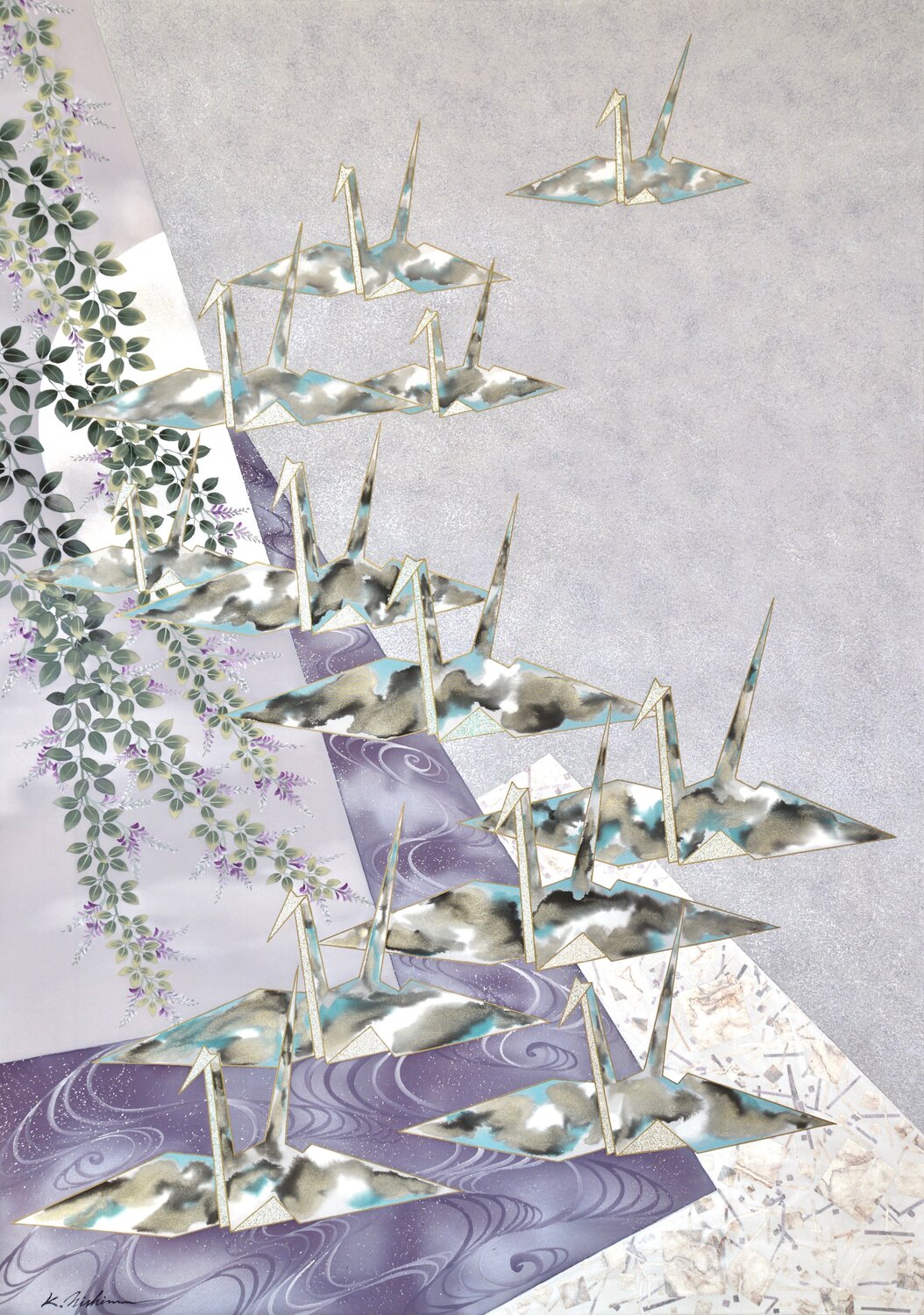 Origami Cranes Keiichi Nishimura Original painting for sale