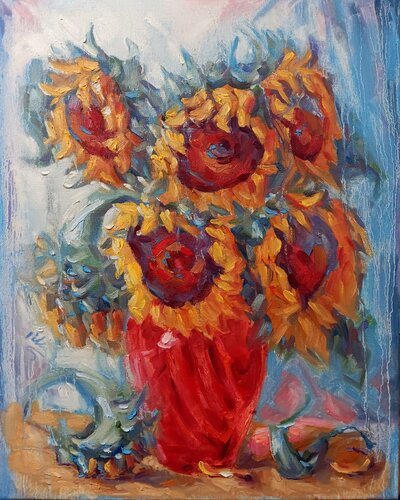 Sunflowers in Red Vase by Alex Klas, Painting for Sale on Select