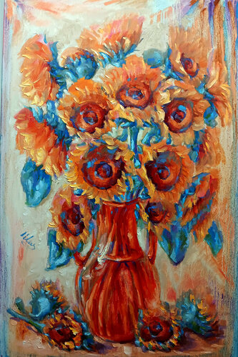Bouquet of Sunflowers in an Orange Vase by Alex Klas, Painting for Sale on Select