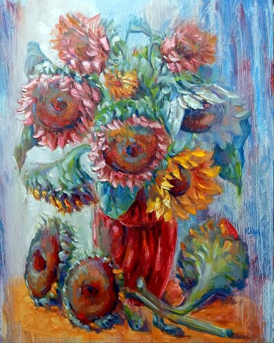 Various Sunflowers in a Red Vase ll by Alex Klas, Painting for Sale on Select
