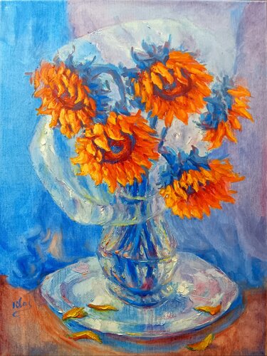 Sunflowers in a Glass Vase by Alex Klas, Painting for Sale on Select