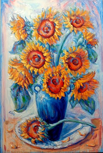 Sunflowers in a Porclain Vase by Alex Klas, Painting for Sale on Select