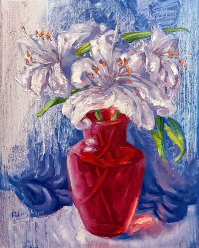 Lilies in a Red Vase by Alex Klas, Painting for Sale on Select