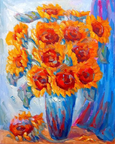 Sunflowers in a Blue Vase by Alex Klas, Painting for Sale on Select