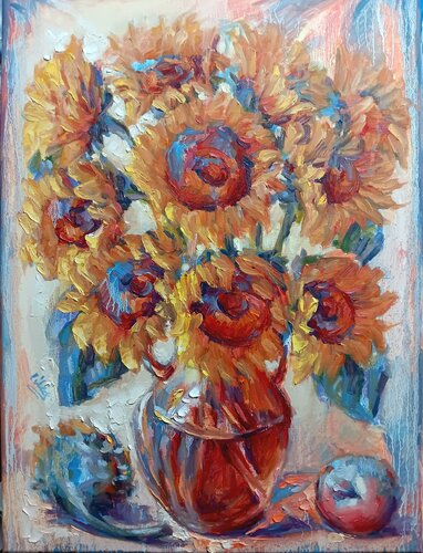 Sunflowers in an Orange Vase by Alex Klas, Painting for Sale on Select