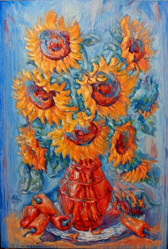 Sunflowers with Peppers by Alex Klas, Painting for Sale on Select