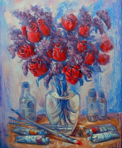 Bouquet of Flowers in an Artist Studio by Alex Klas, Painting for Sale on Select