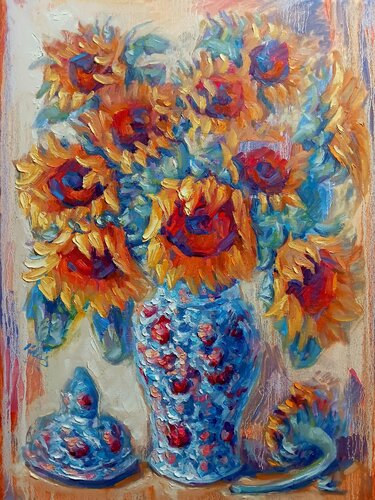 Sunflowers in an Antique Vase by Alex Klas, Painting for Sale on Select
