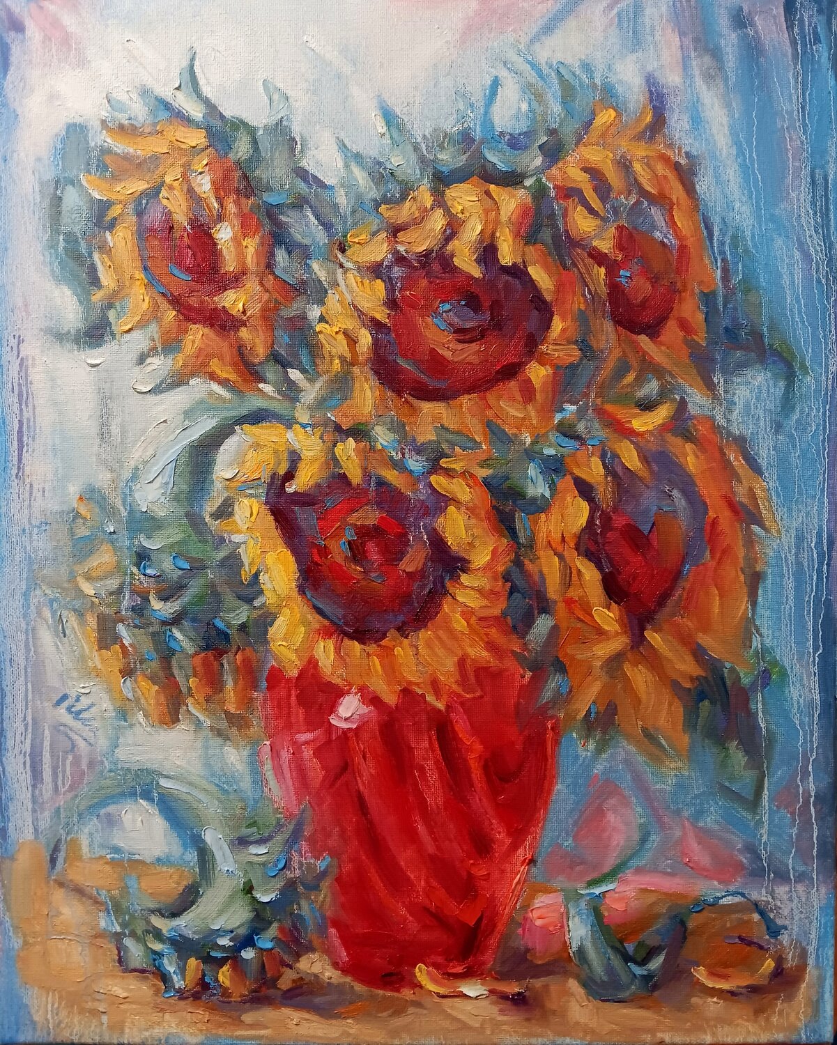 Sunflowers in Red Vase Alex Klas Original painting for sale
