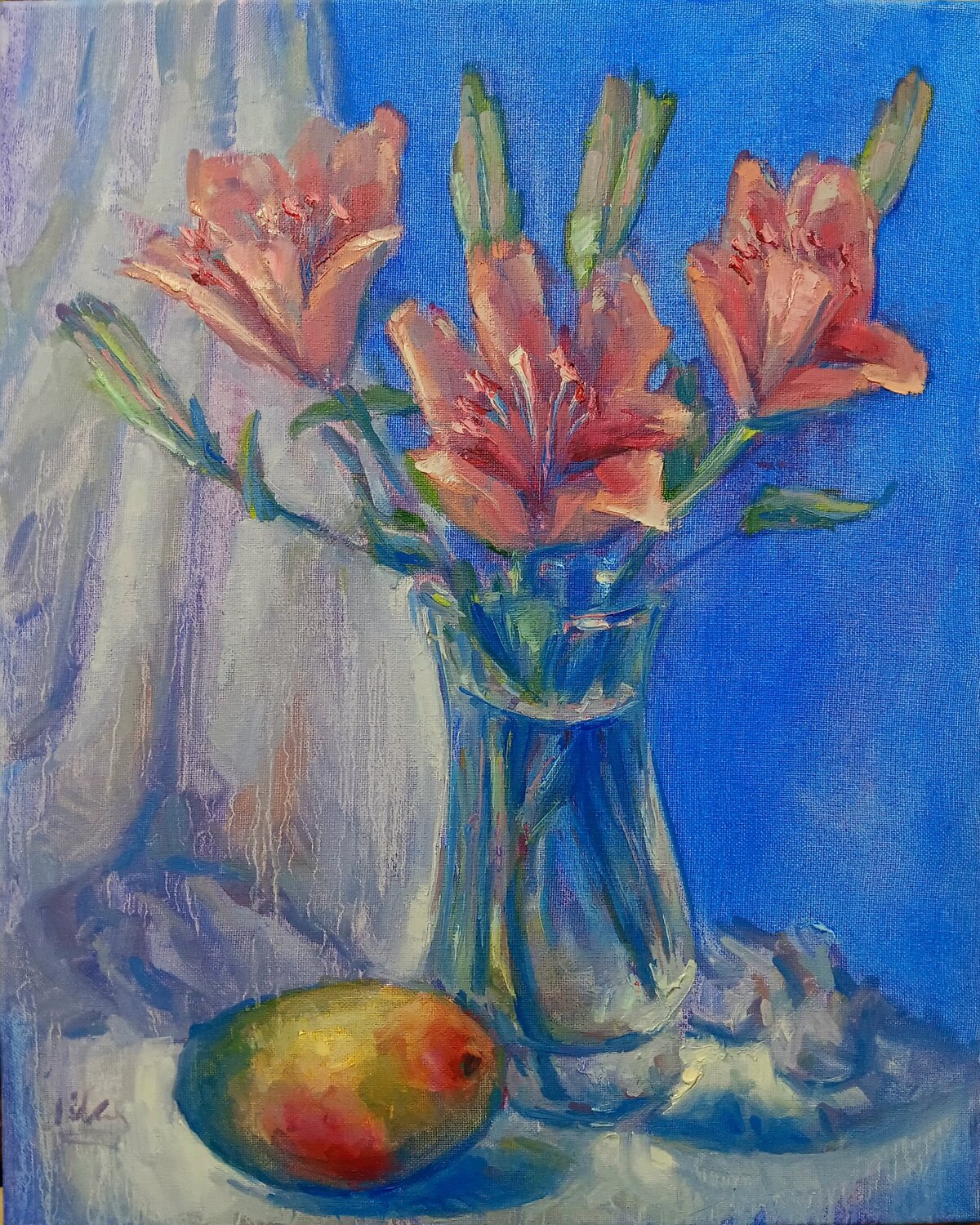 Pink Lilies with Mango Alex Klas Original painting for sale