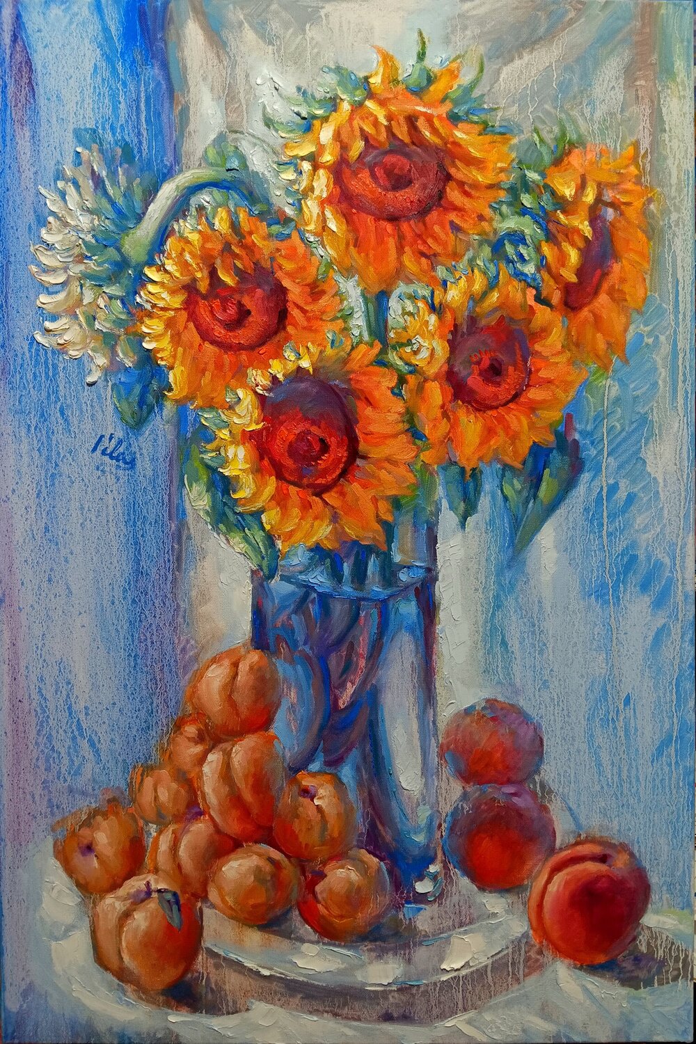 Sunflowers with Apricots and Peaches Alex Klas Original painting for sale