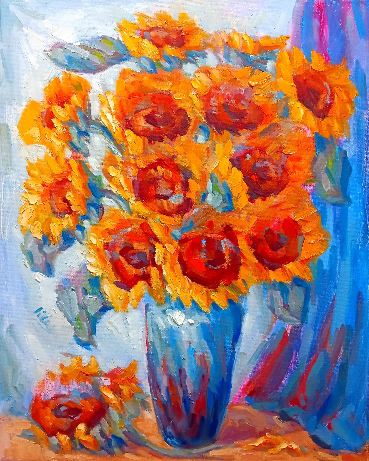 Sunflowers in a Blue Vase Alex Klas Original painting for sale