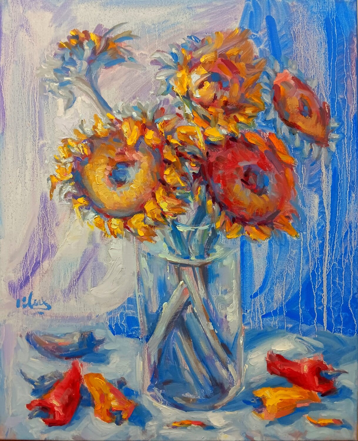 Sunflowers and Peppers Alex Klas Original painting for sale