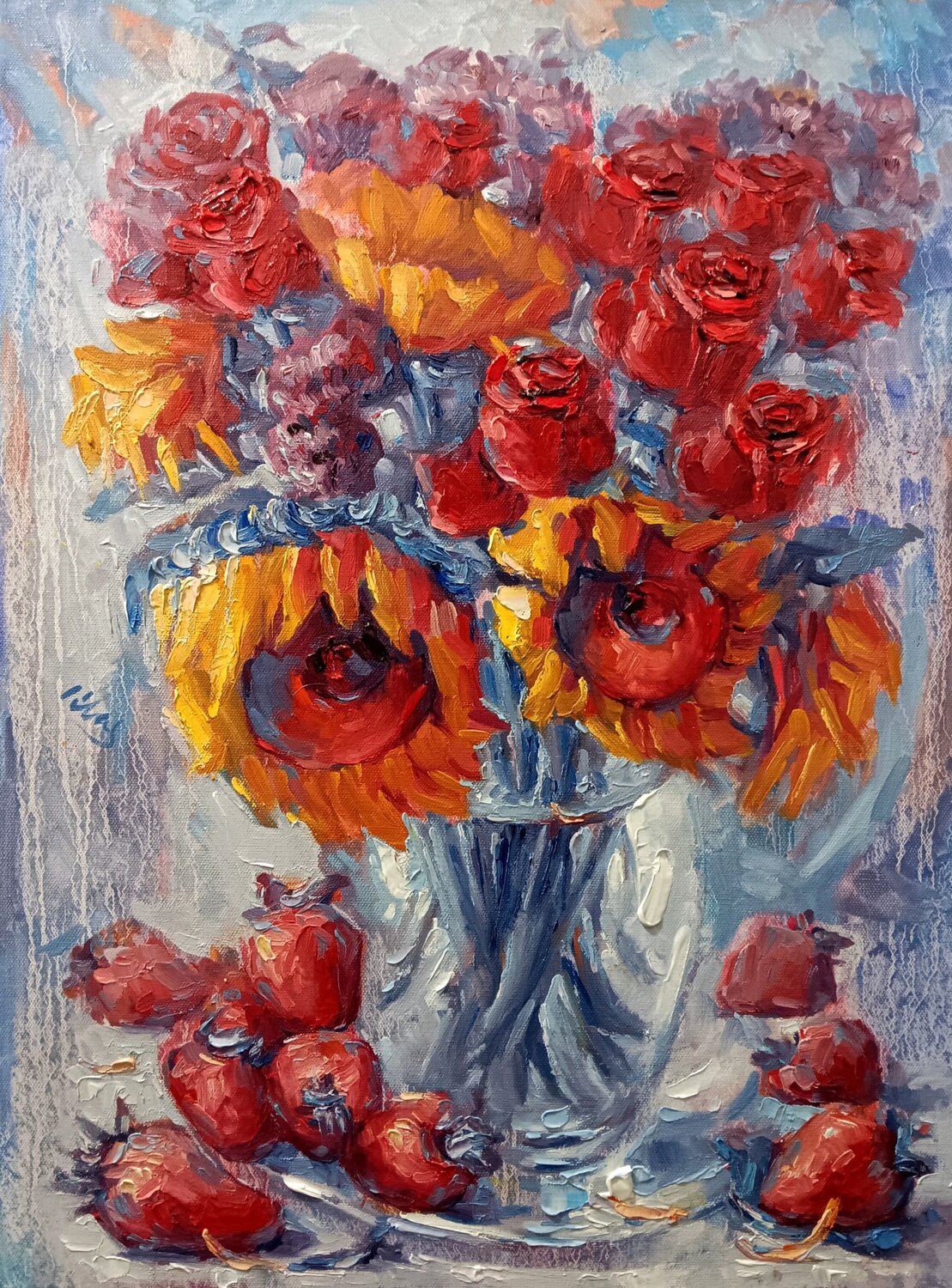 Bouquet of Flowers with Strawberries Alex Klas Original painting for sale
