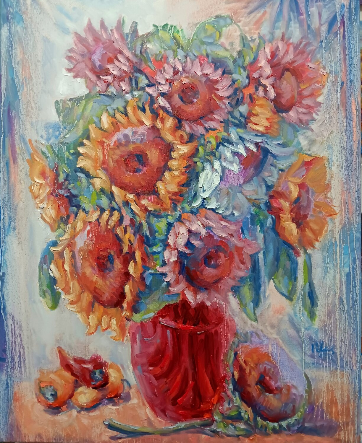 Various Sunflowers in a Red Vase Alex Klas Original painting for sale