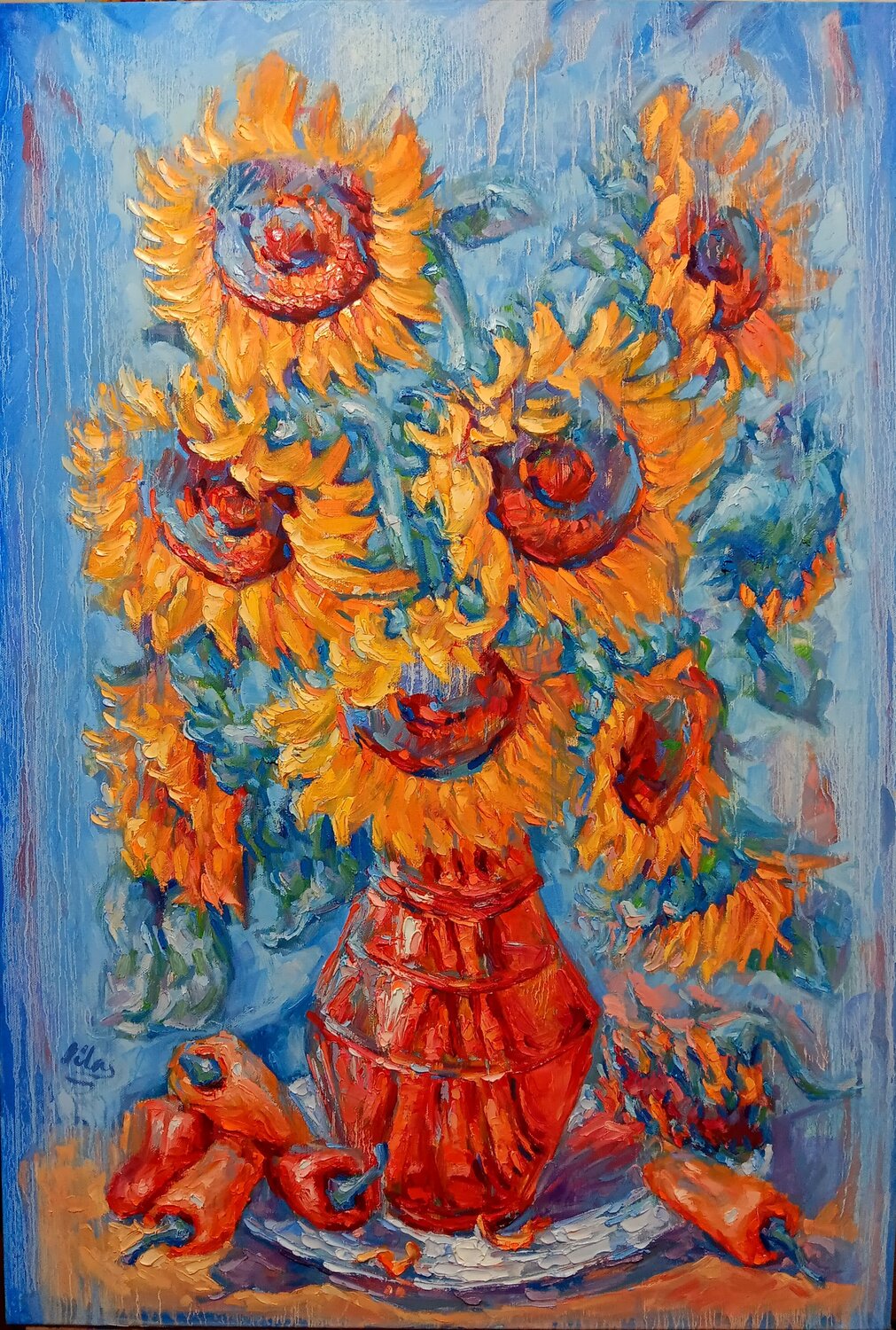 Sunflowers with Peppers Alex Klas Original painting for sale