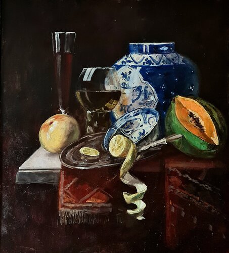 Stillleben mit Papaya by Karina Ludborzha, Painting for Sale on Select