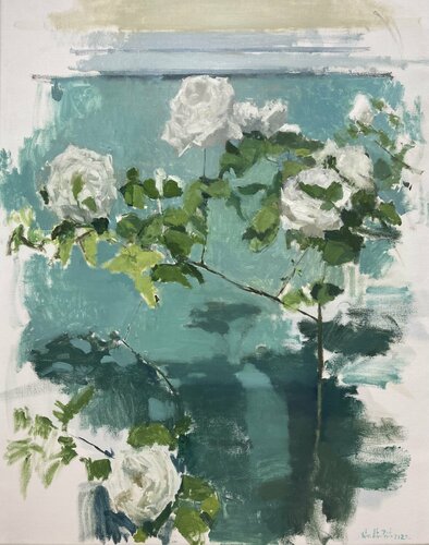 Rosebush. Yard. White roses. Flowers by Antonio Mateos Prieto, Painting for Sale on Select