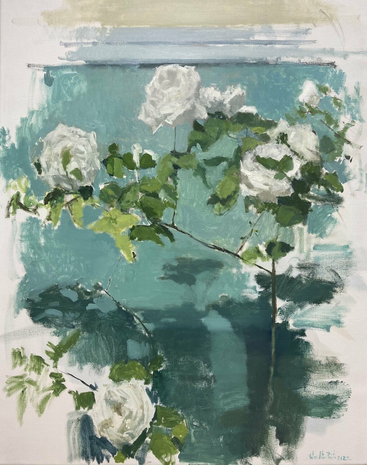 Rosebush. Yard. White roses. Flowers Antonio Mateos Prieto Original painting for sale