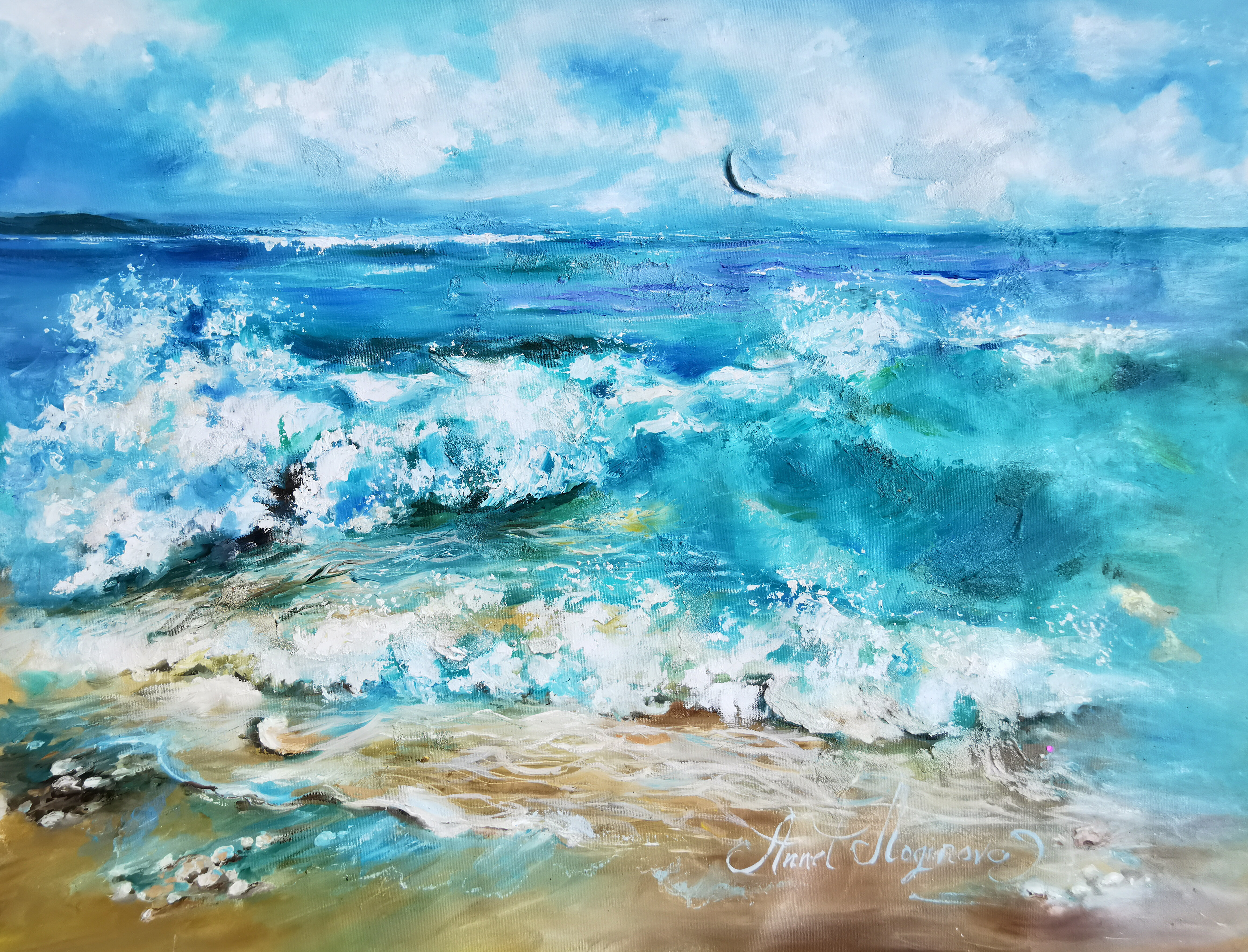 Turquoise lagoon. Seascape with waves on canvas. Original sea oil painting.