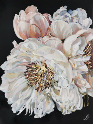Velvet petals. Original oil painting with white peonies on black canvas. Floral art, white flowers. by Annet Loginova, Painting for Sale on Select