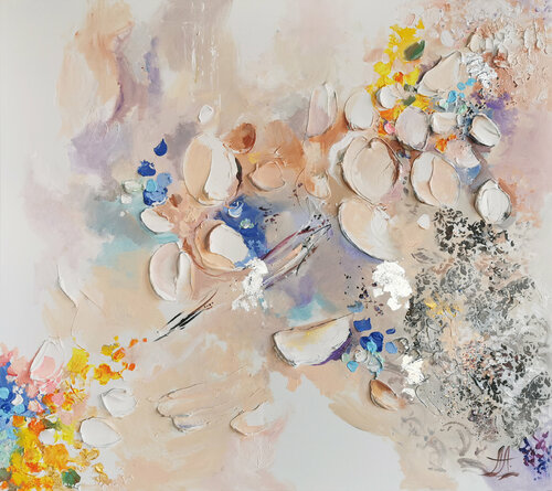 The birth of spring. Abstract flowers petals textured painting with gilding.  Lilac and cream wall art with gold leaf. by Annet Loginova, Painting for Sale on Select
