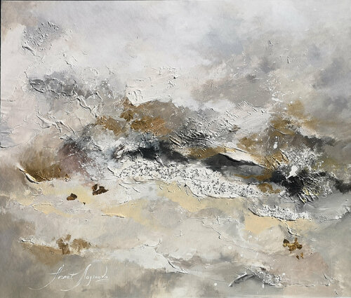 Pearl Gray. Framed abstract painting. Abstract mountains landscape painting. Sparkling gold leaf artwork with textured surface. by Annet Loginova, Painting for Sale on Select